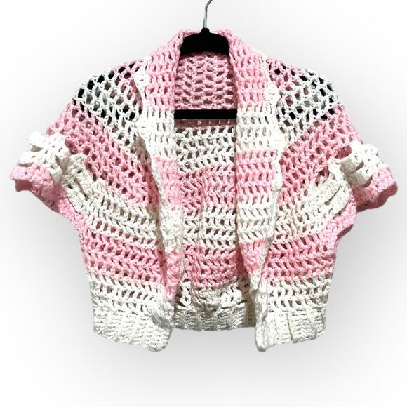 Unbranded Other - Handmade OOAK Grandma Crocheted Striped Short Sleeve Cardigan Small pink white